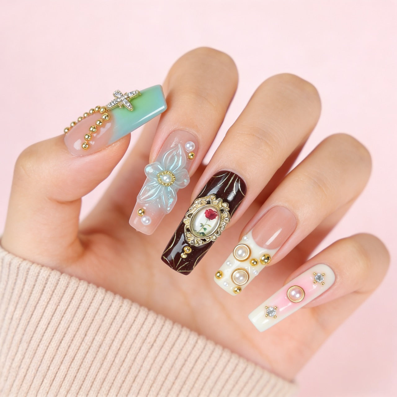 Luxury Baroque Rose Cameo Press-on Nails | 3D Gemstone & Pearl Royalcore Design | Handmade Teal & Green Ornate Nail Art