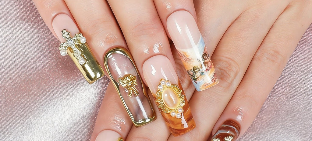 Handmade Renaissance Cherub Press-on Nails | Luxury Amber Gem & Gold Cross Design | Marbled Celestial Angel Nail Art Set