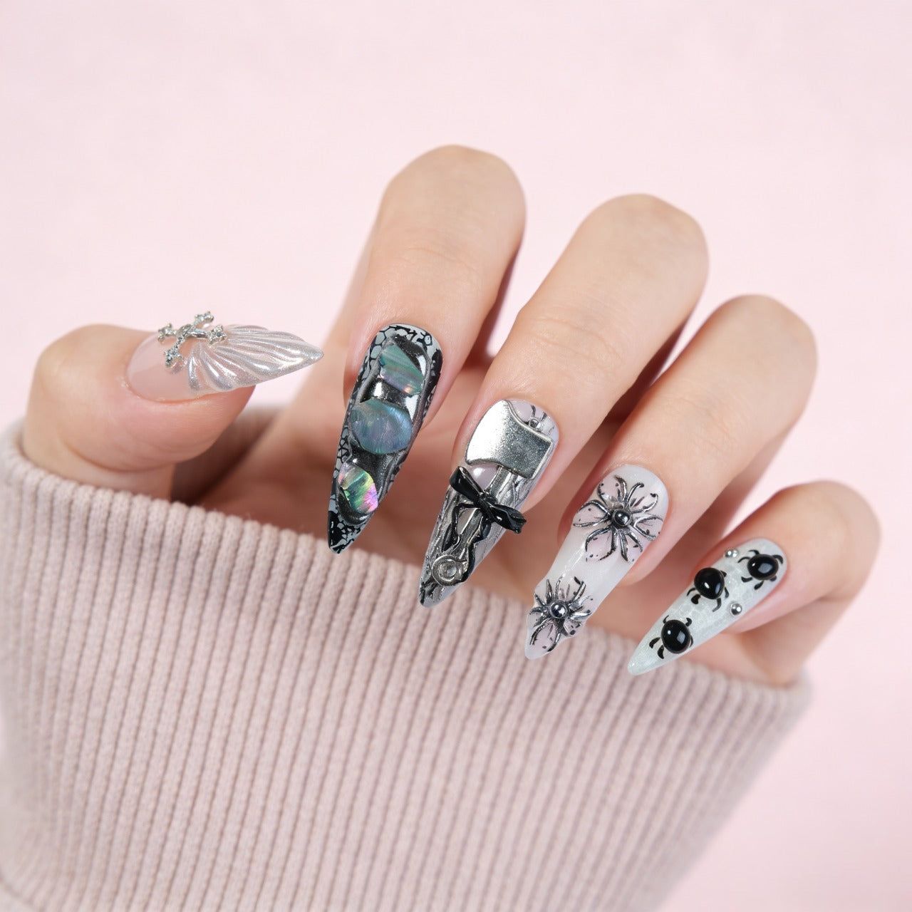 Handmade Avant-Garde Gothic Press-on Nails | 3D Silver Spider & Beetle Entomology Art | Liquid Metal & Black Lace Design | Dark Aesthetic Statement Nails