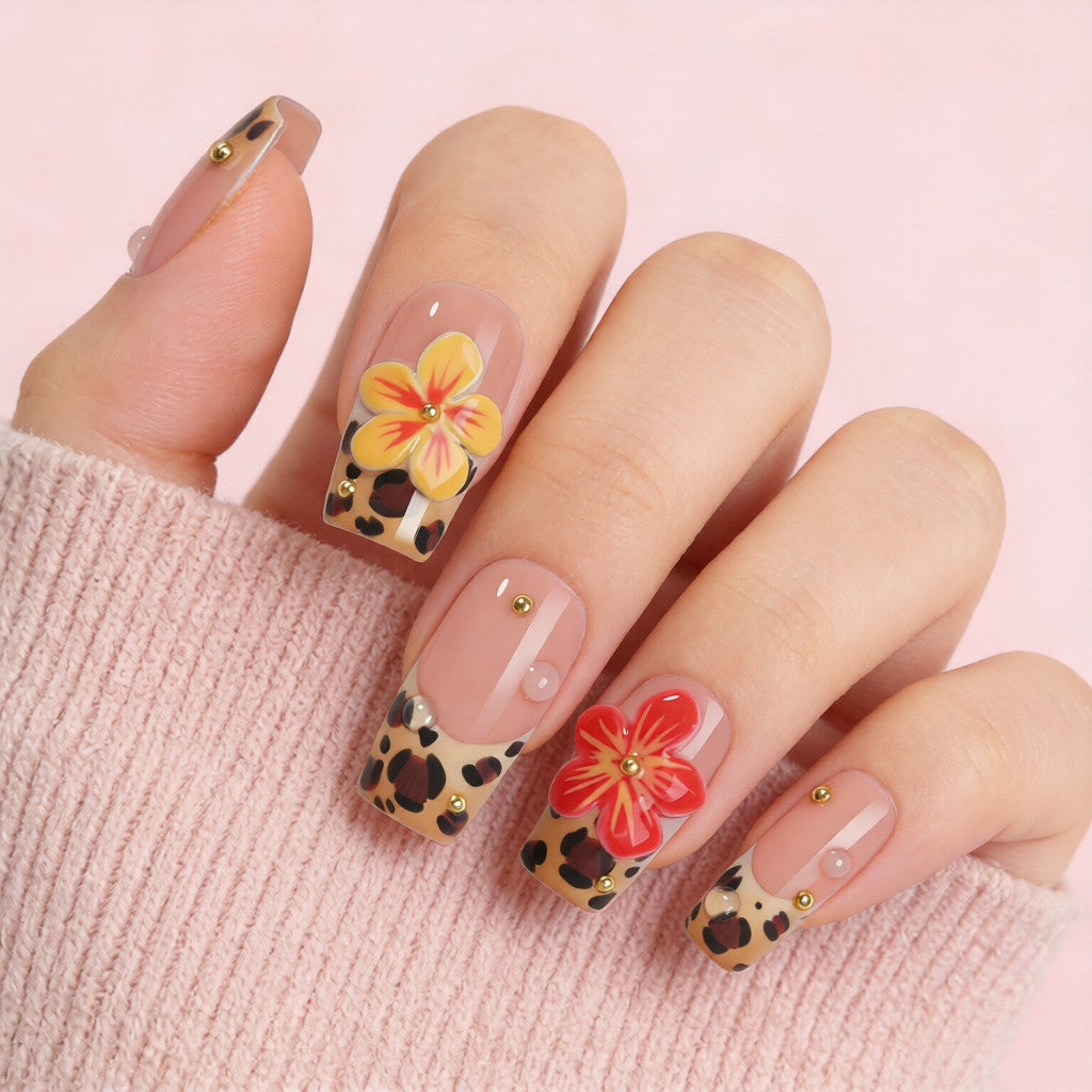 Handmade Square Leopard 3D Floral Press-on Nails | Exotic Safari & Dewdrop Crystal Art | Luxury Bold Tropical Festival Statement Nails