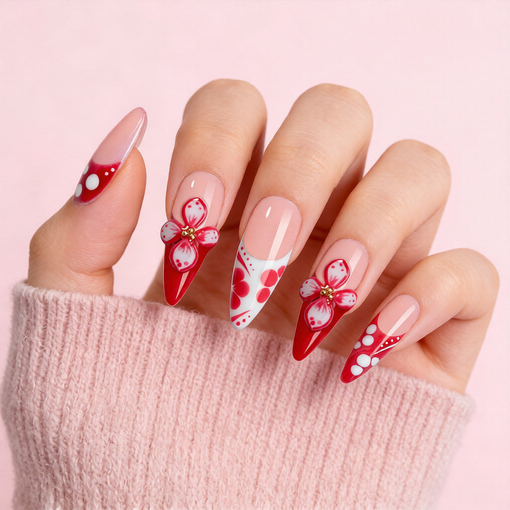 Handmade Stiletto Crimson Floral Press-on Nails | 3D Petal & Prismatic Dot Art | Luxury Fierce Festival Reusable Nails