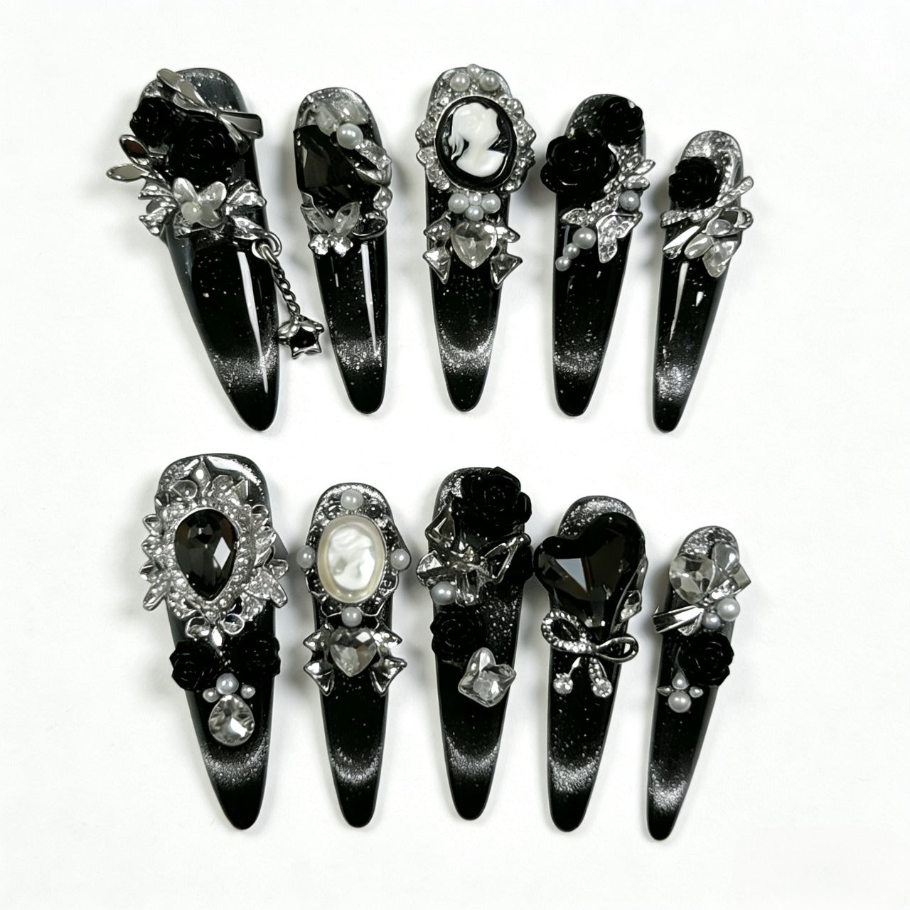 Handmade Stiletto Noir Victorian Press-on Nails | Midnight Cameo & Crystal Bow Art | Luxury Gothic Glamour Reusable Nails