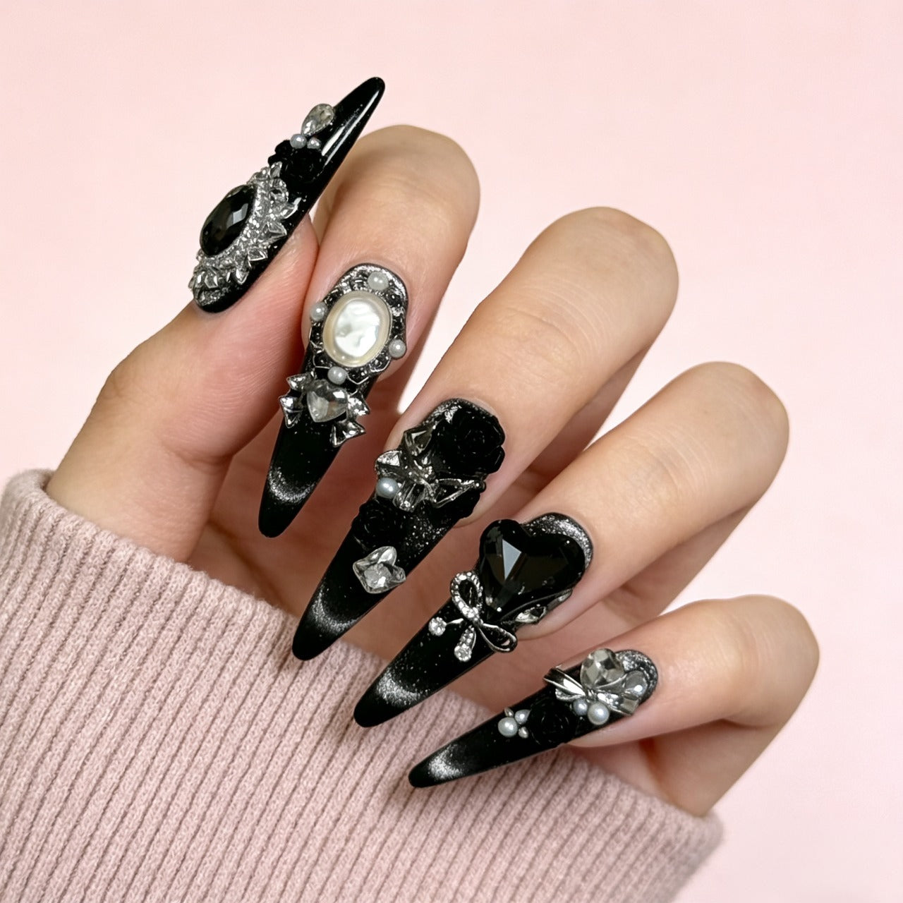 Handmade Stiletto Noir Victorian Press-on Nails | Midnight Cameo & Crystal Bow Art | Luxury Gothic Glamour Reusable Nails