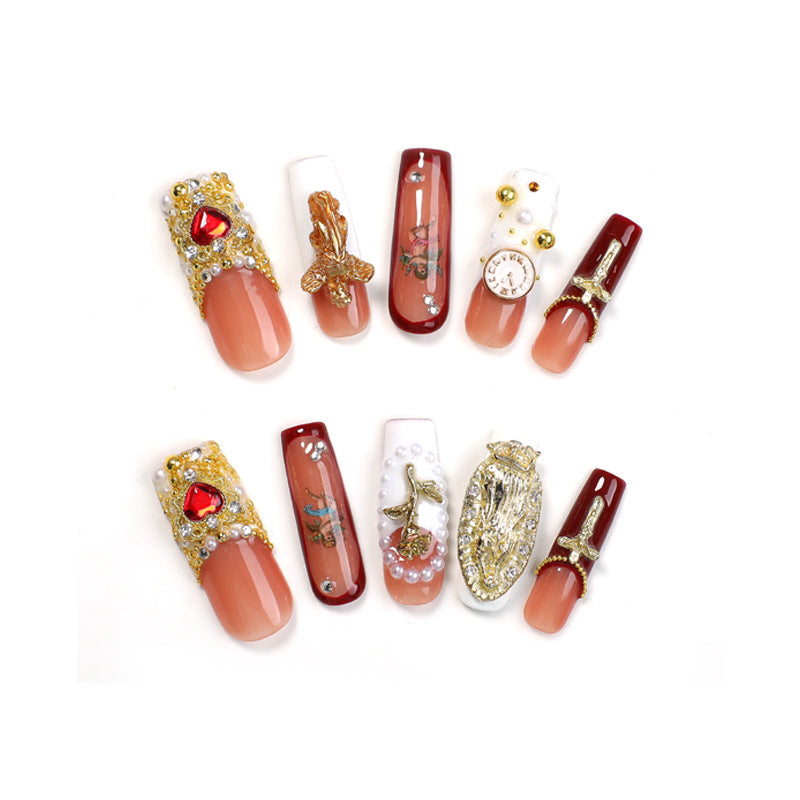 Luxury Handmade Red Baroque Angel Press-on Nails | Gothic Sacred Heart & Gold Cross Design | Victorian Royalcore Reusable Nails