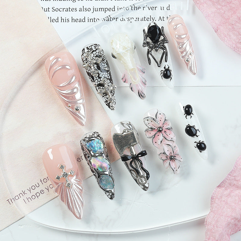 Handmade Avant-Garde Gothic Press-on Nails | 3D Silver Spider & Beetle Entomology Art | Liquid Metal & Black Lace Design | Dark Aesthetic Statement Nails