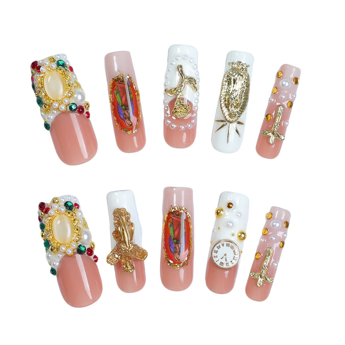 Handmade Baroque Religious Art Press-on Nails | Virgin Mary Portraits & Vintage Clock Charms | Luxury Pearl-Encrusted Gothic Cross False Nails
