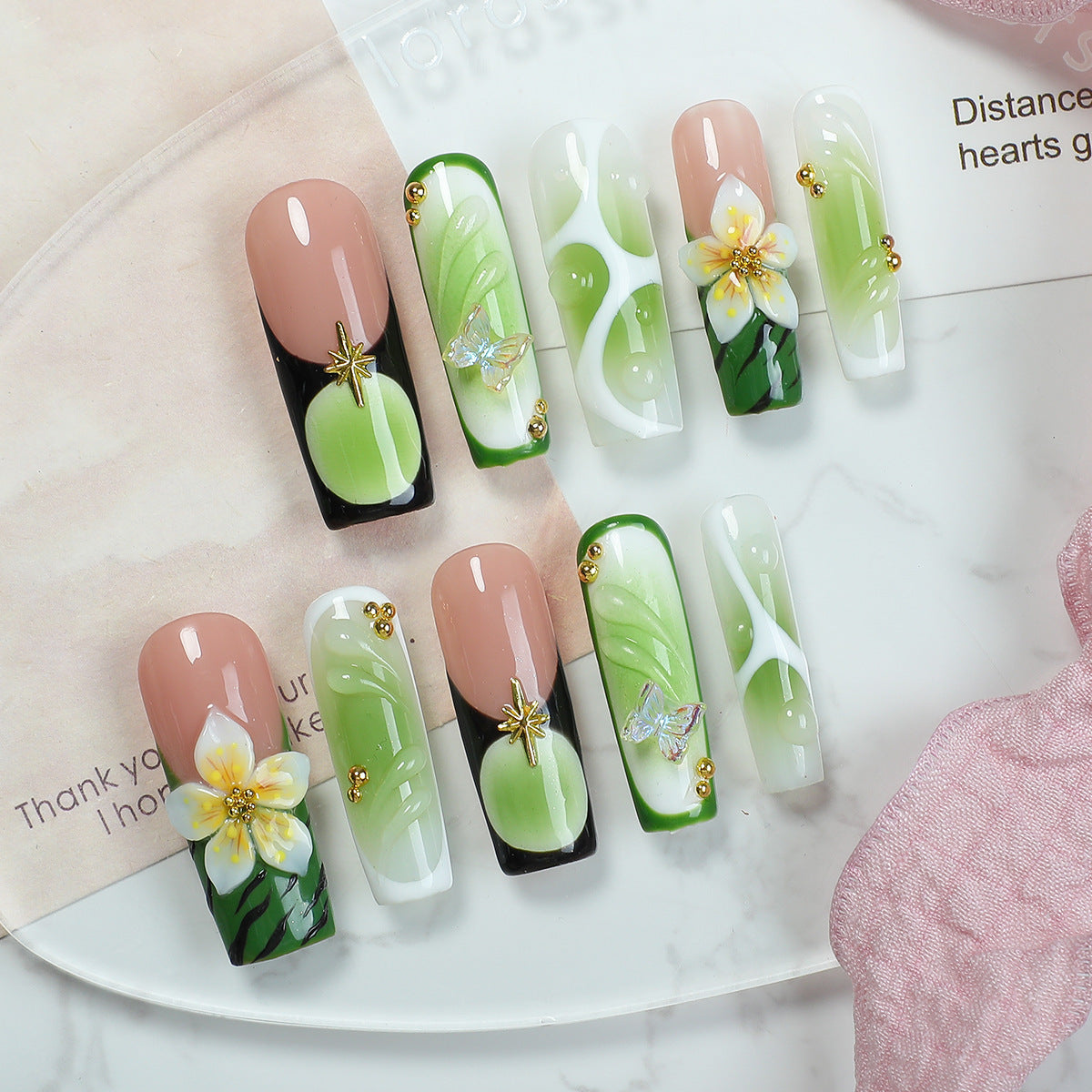 Handmade Emerald Green Jade Press-on Nails | 3D White Floral & Butterfly Art | Oriental Zen Aesthetic Reusable Luxury False Nails