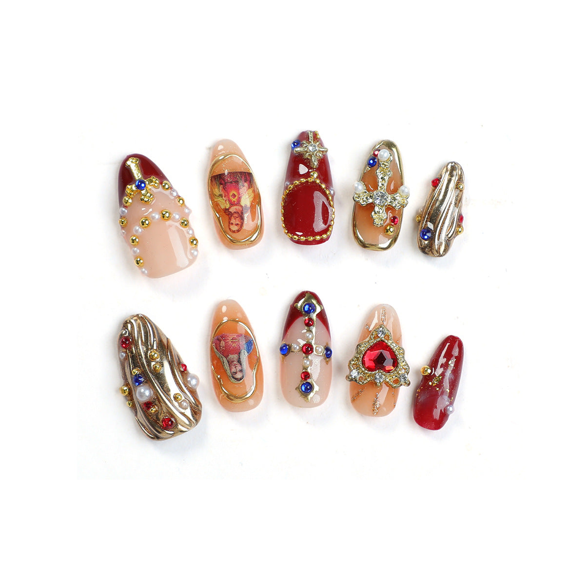 Handmade Baroque Religious Art Press-on Nails | Sacred Heart & Divine Iconography Charms | Gold Filigree & Ruby Red Jewel Design | Luxury Cathedral Aesthetic Nails