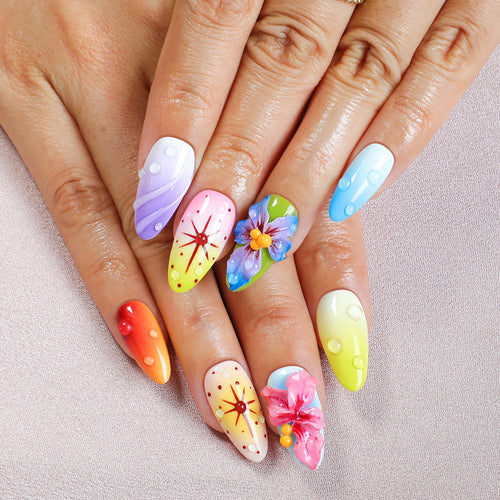 Handmade Almond 3D Floral Press-on Nails | Vibrant Rainbow Gradient & Dewdrop Art | Luxury Avant-Garde Festival Reusable Nails