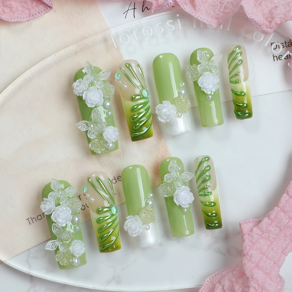 Handmade Ethereal Green Press-on Nails | 3D White Rose & Vine Art | Pearlescent Jade & Shimmering Vine Reusable Luxury Nails | Spring Garden Aesthetic