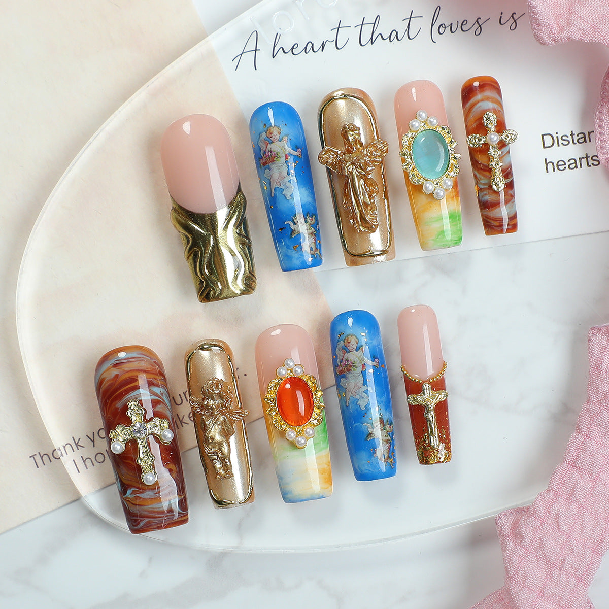 Handmade Renaissance Art Press-on Nails | Cherub Angel Cloud Painting & Rainbow Oil Texture | Luxury Baroque Cross & Gemstone Reusable Nails