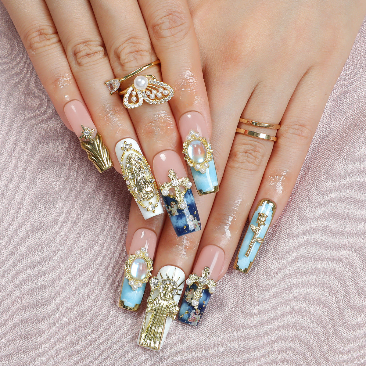 Luxury Celestial Baroque Press-on Nails | 3D Cross & Star Gold Charms | Handmade Oil Painting Galaxy & Pearl Royal Nail Art Set