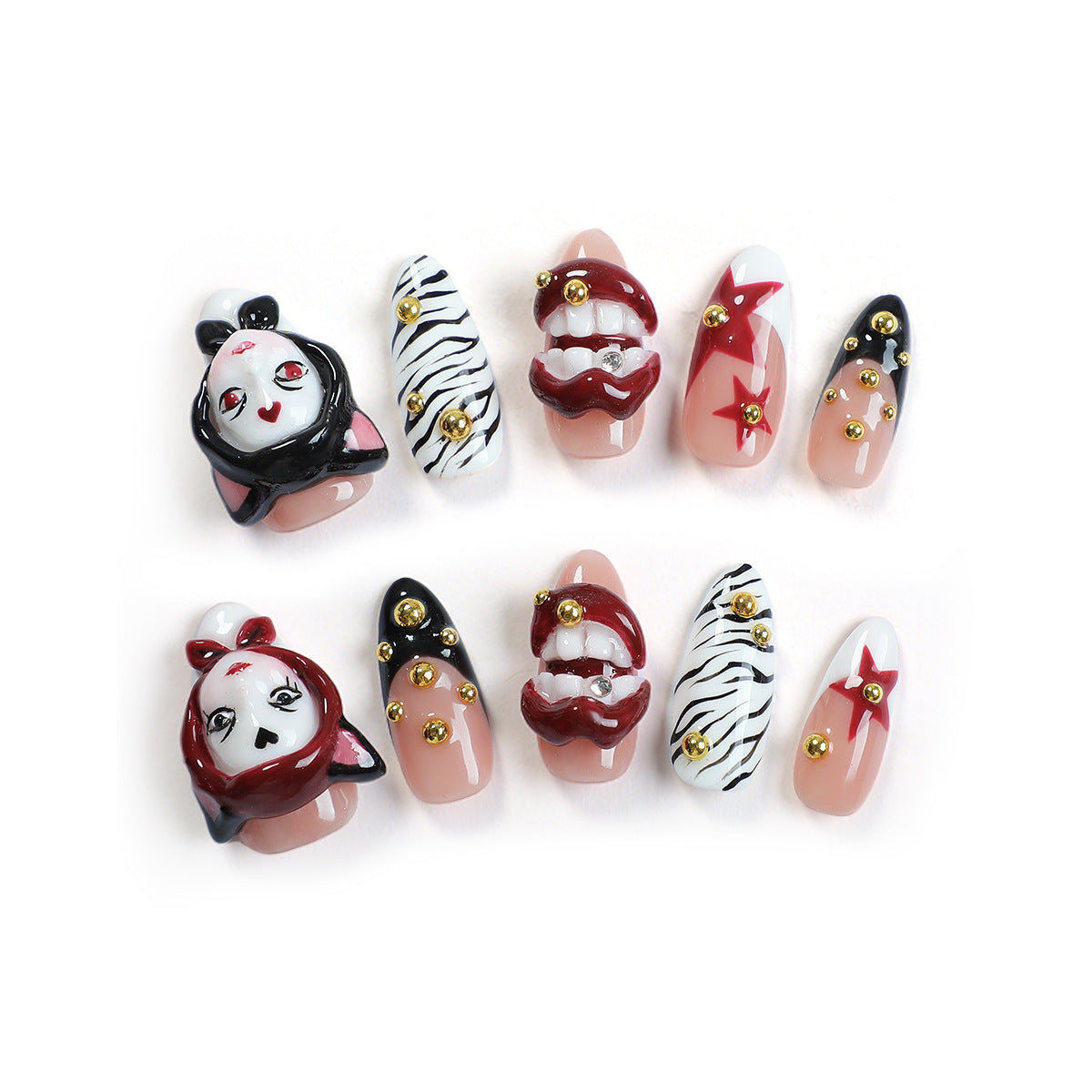 Handmade Almond 3D Surrealist Art Press-on Nails | Punk Gothic & Zebra Noir Fusion | Luxury Avant-Garde Edgy Reusable Nails