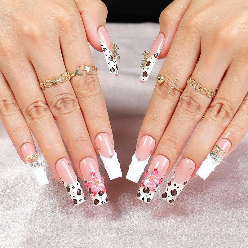 Luxury White Leopard Press-on Nails | 3D Golden Bow & Cherry Rhinestone Charms | Chic French Tip Reusable Soft Baddie Nails
