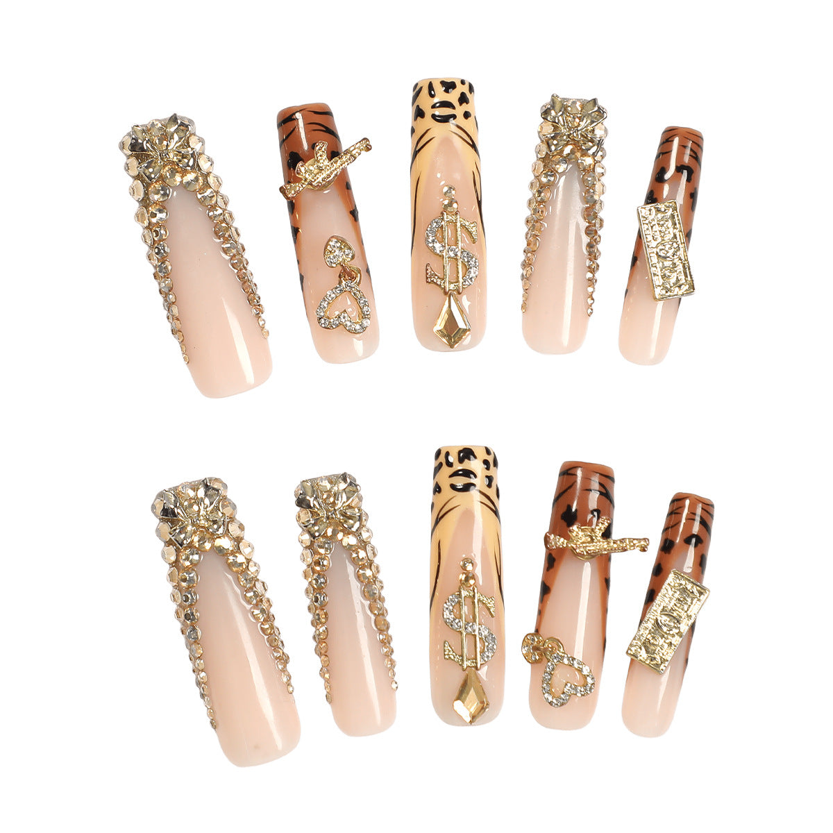 Handmade Luxury "Rich Girl" Baddie Press-on Nails | Gold Dollar Sign & Money Bar Charms | Wild Tiger & Leopard Print Design | Extra Long Bejeweled Statement Nails