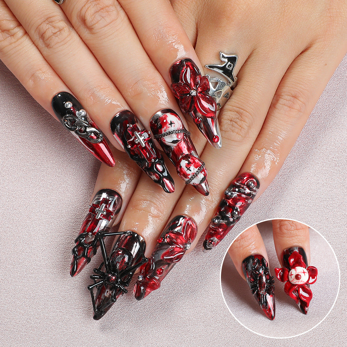Handmade Gothic Horror Press-on Nails | 3D Black Widow Spider & Bloodshot Eyeball Art | Dark Red Marble & Spiky Cross Reusable Luxury Nails