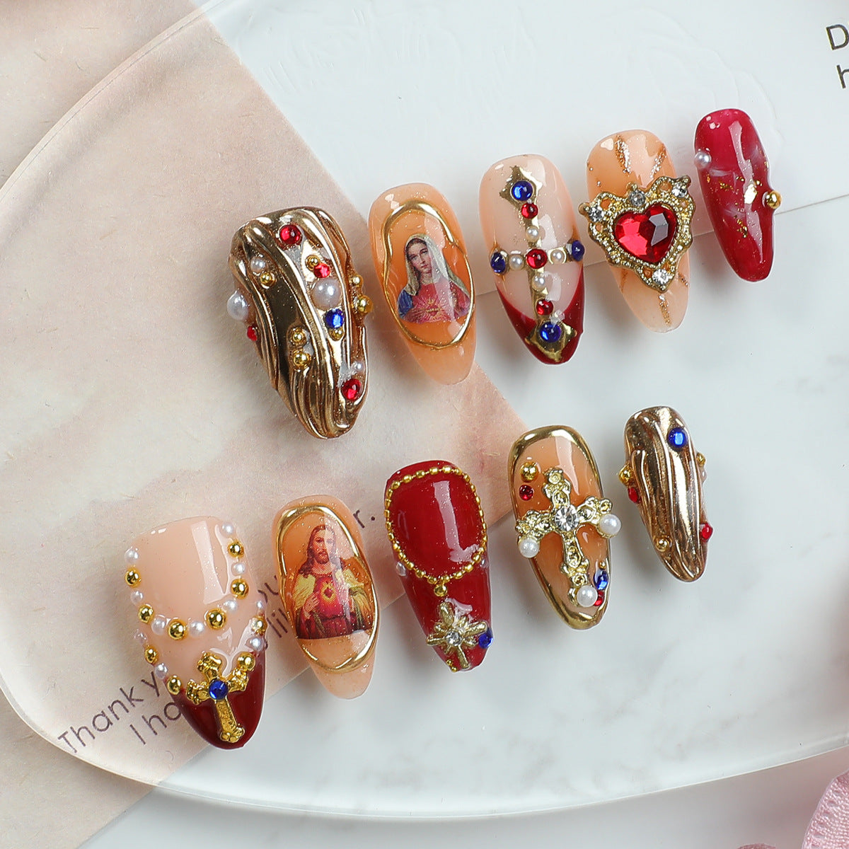 Handmade Baroque Religious Art Press-on Nails | Sacred Heart & Divine Iconography Charms | Gold Filigree & Ruby Red Jewel Design | Luxury Cathedral Aesthetic Nails