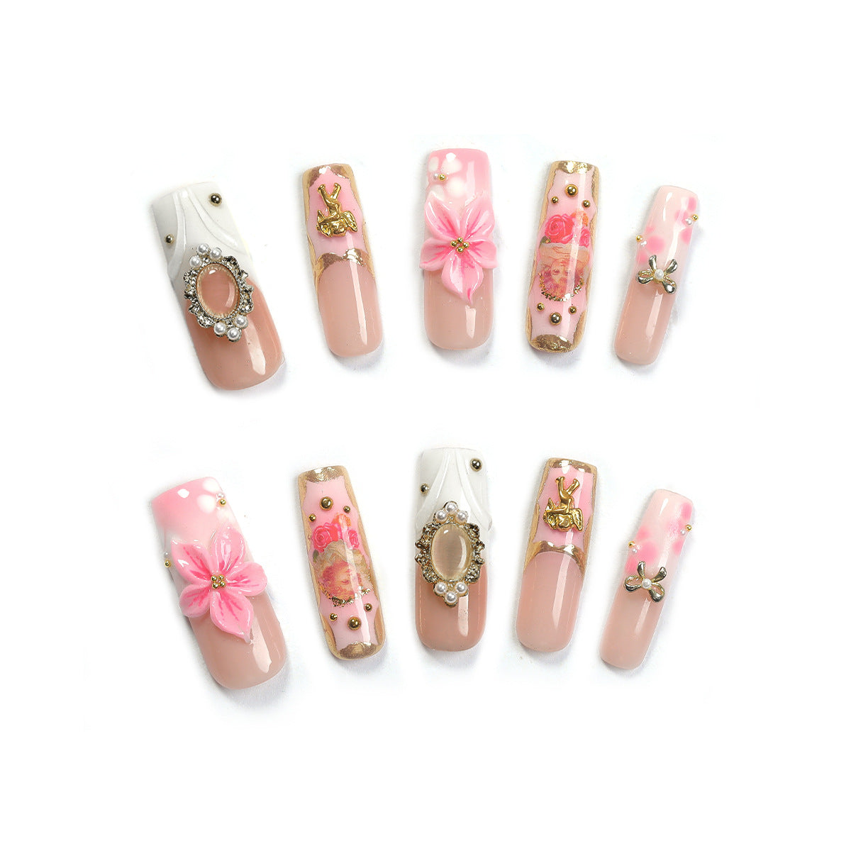 Handmade Pink Coquette Renaissance Press-on Nails | 3D Floral & Angel Cherub Design | Luxury Soft Girl Reusable Nail Art Set