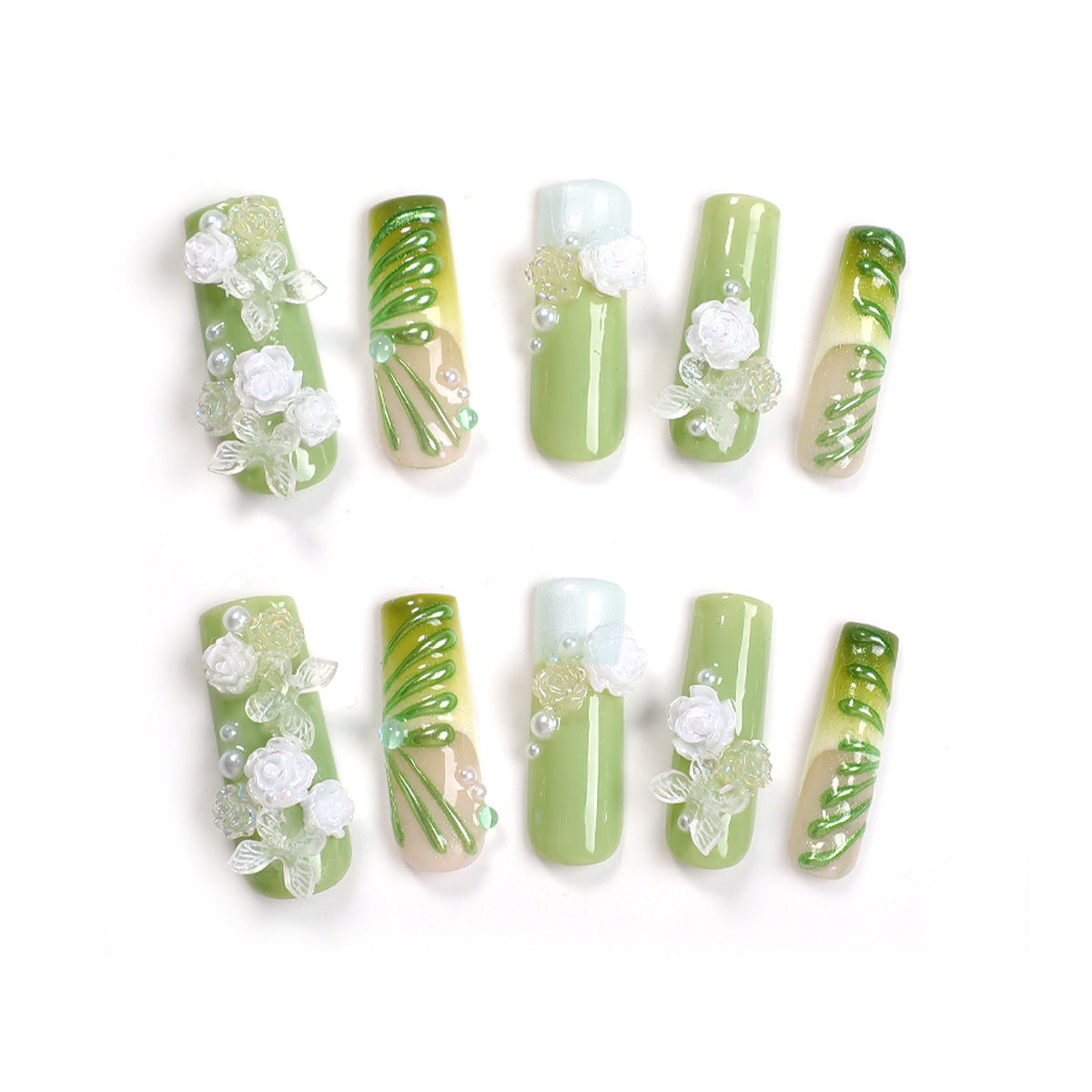 Handmade Ethereal Green Press-on Nails | 3D White Rose & Vine Art | Pearlescent Jade & Shimmering Vine Reusable Luxury Nails | Spring Garden Aesthetic