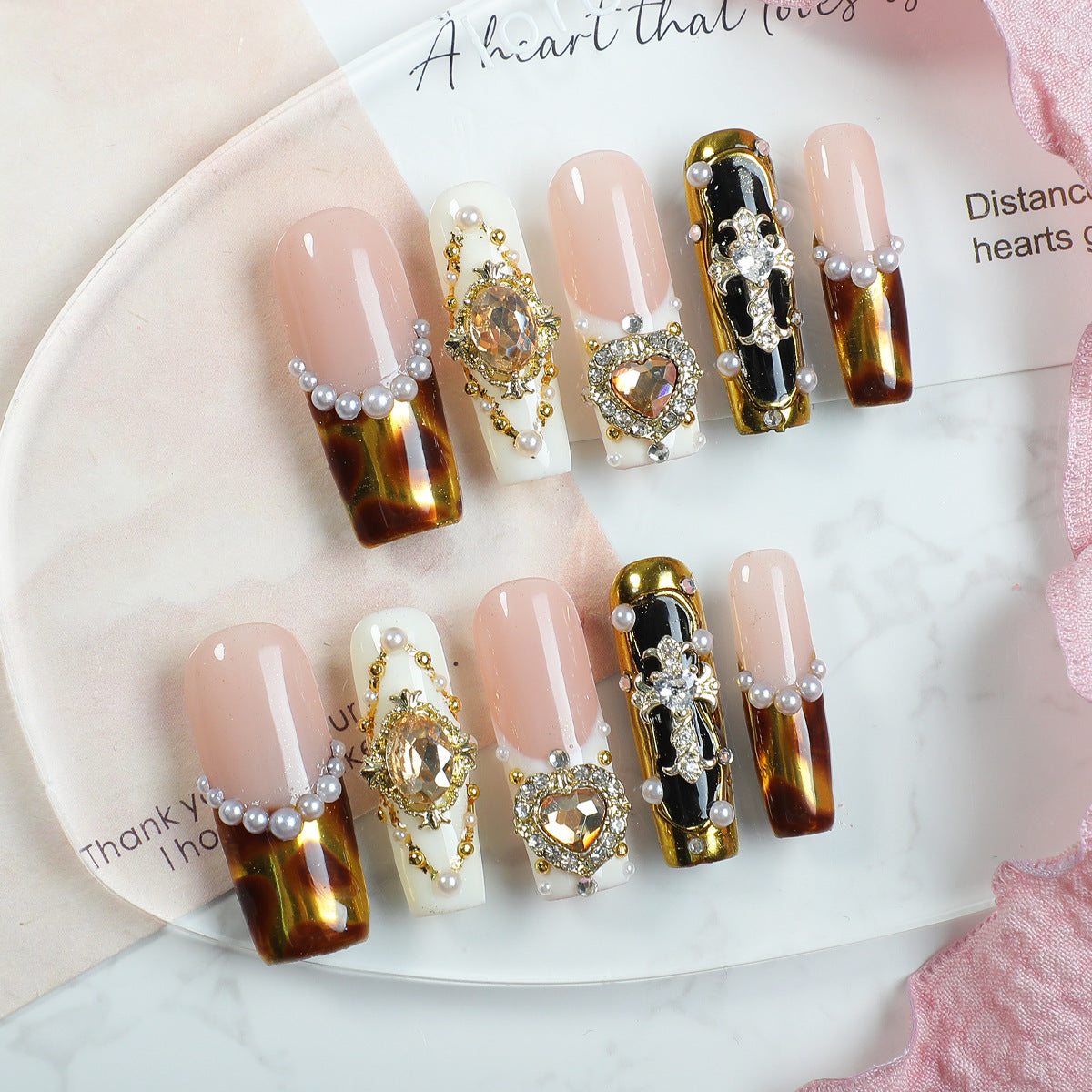 Handmade Vintage Royal Tortoiseshell Press-on Nails | Luxury Heart Gem & Pearl Trim Design | Baroque Cross Medal Reusable False Nails
