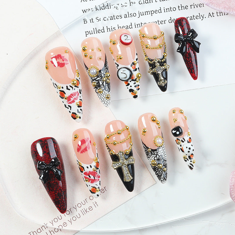 Handmade Luxury "Vegas Glam" Baddie Nails | 3D Red Lips & Dice Charms | Leopard Print & Black Lace French Art | High-Stakes Gothic Statement Press-on Nails