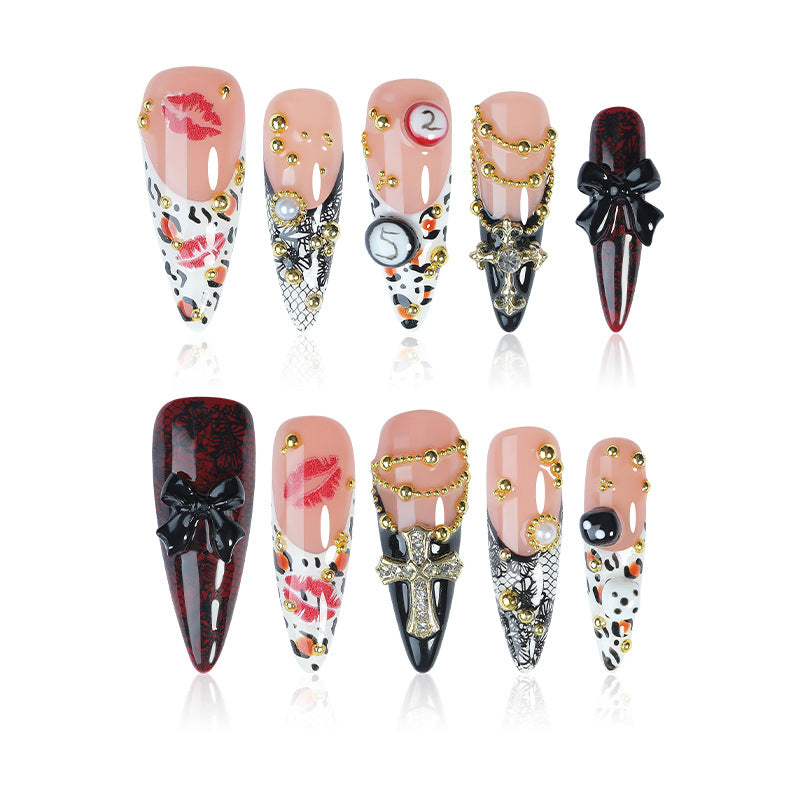 Handmade Luxury "Vegas Glam" Baddie Nails | 3D Red Lips & Dice Charms | Leopard Print & Black Lace French Art | High-Stakes Gothic Statement Press-on Nails