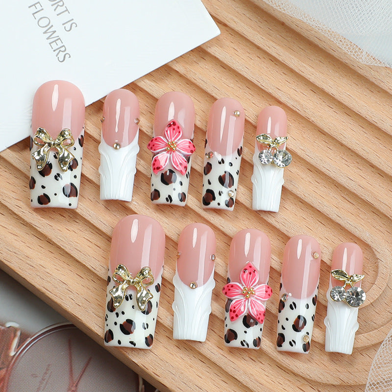 Luxury White Leopard Press-on Nails | 3D Golden Bow & Cherry Rhinestone Charms | Chic French Tip Reusable Soft Baddie Nails