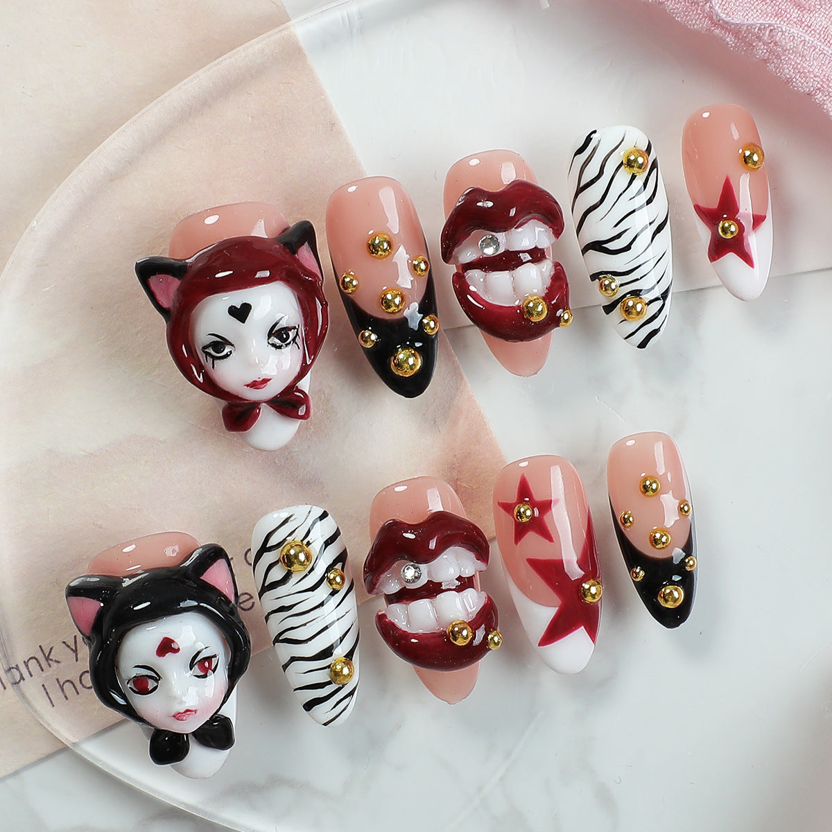 Handmade Almond 3D Surrealist Art Press-on Nails | Punk Gothic & Zebra Noir Fusion | Luxury Avant-Garde Edgy Reusable Nails