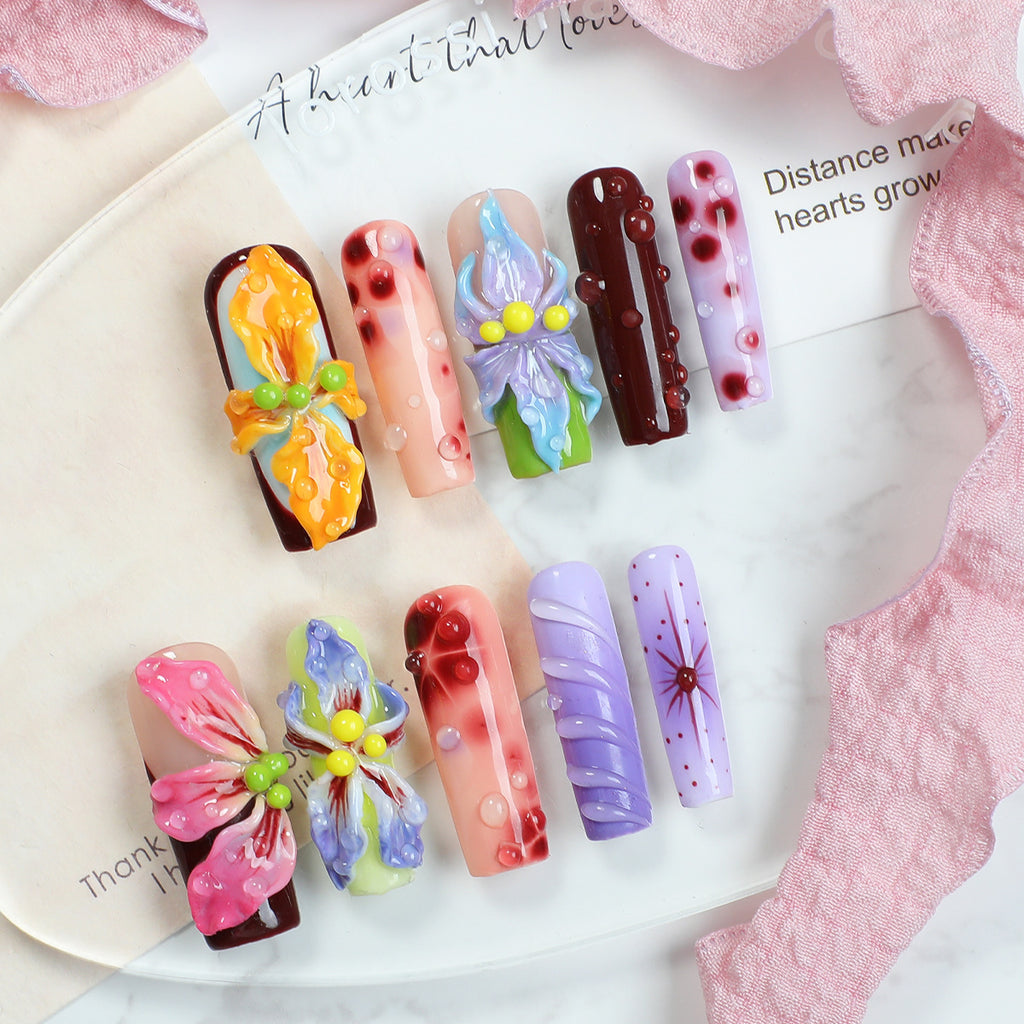 Handmade Avant-Garde 3D Floral Press-on Nails | Tropical Neon Colors & Realistic Water Droplets | Luxury Maximalist Art Reusable Nails