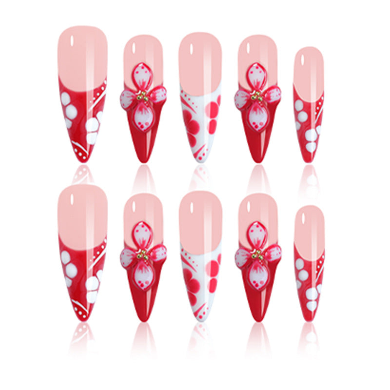 Handmade Stiletto Crimson Floral Press-on Nails | 3D Petal & Prismatic Dot Art | Luxury Fierce Festival Reusable Nails