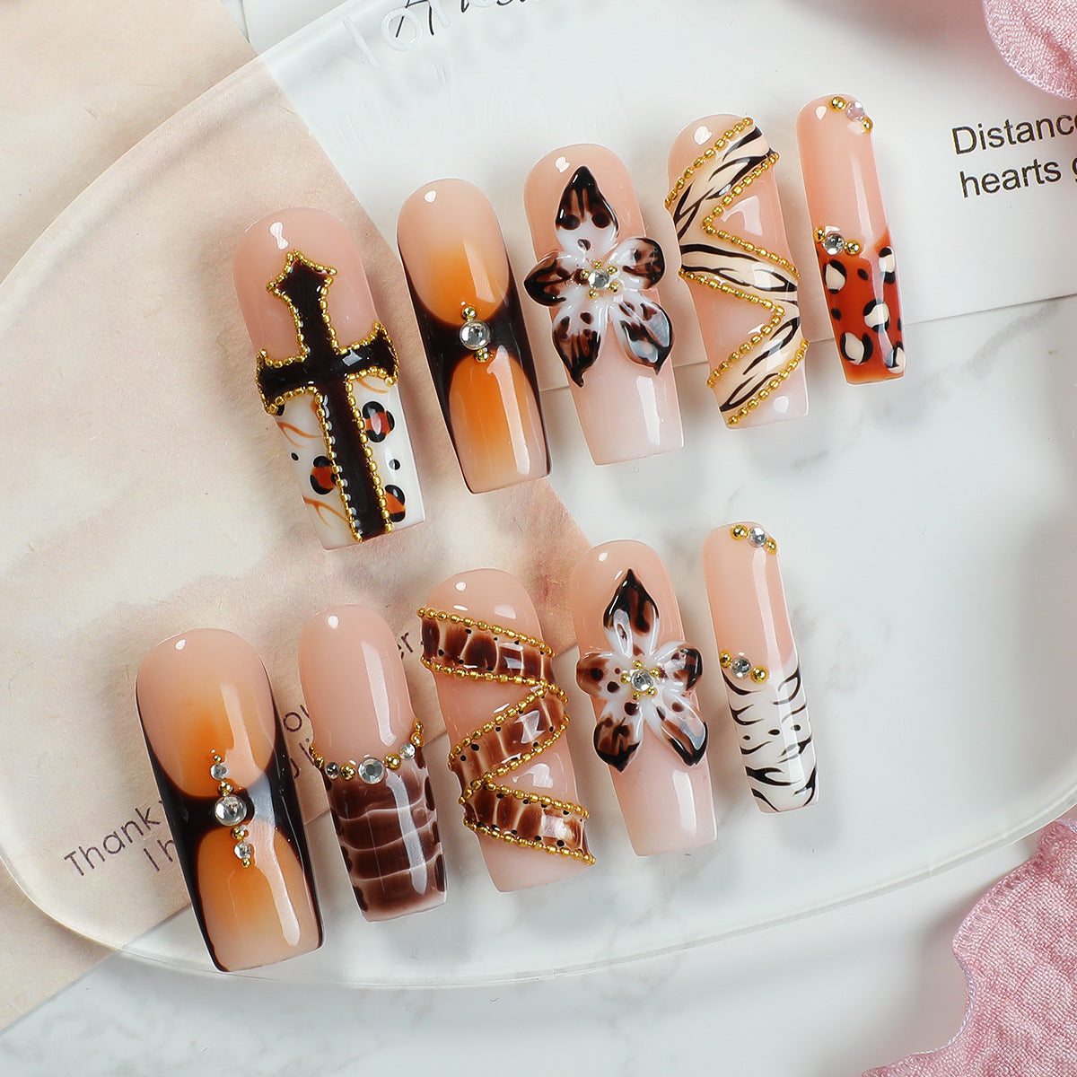 Handmade Chic Safari Press-on Nails | Gold Chain Wrap & Amber Tortoise Art | Luxury Leopard & Zebra Print Design | Reusable Exotic Statement Nails