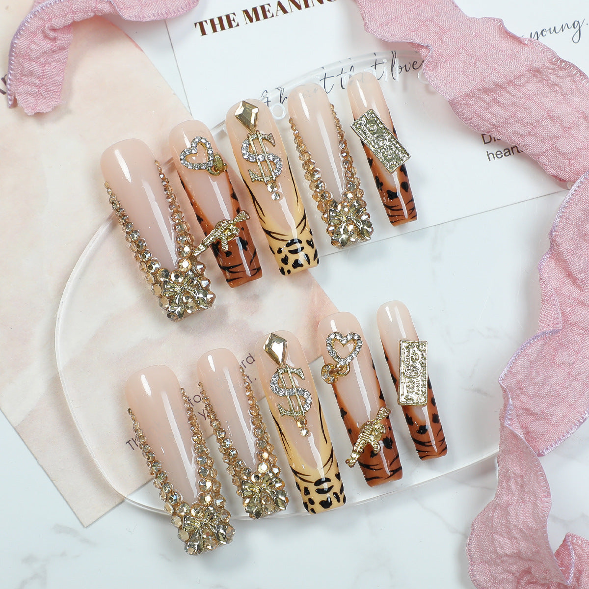 Handmade Luxury "Rich Girl" Baddie Press-on Nails | Gold Dollar Sign & Money Bar Charms | Wild Tiger & Leopard Print Design | Extra Long Bejeweled Statement Nails