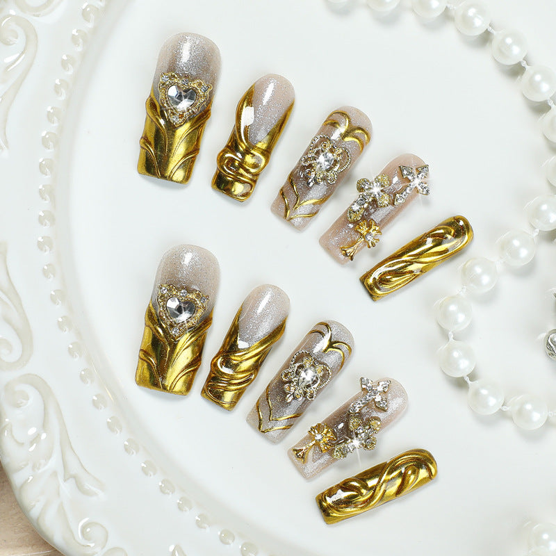 Handmade Luxury Golden Baroque Press-on Nails | Heavy 3D Liquid Gold Embossed Art | Royal Heart Crown & Diamond Cross Reusable Nails | Statement Gala Manicure