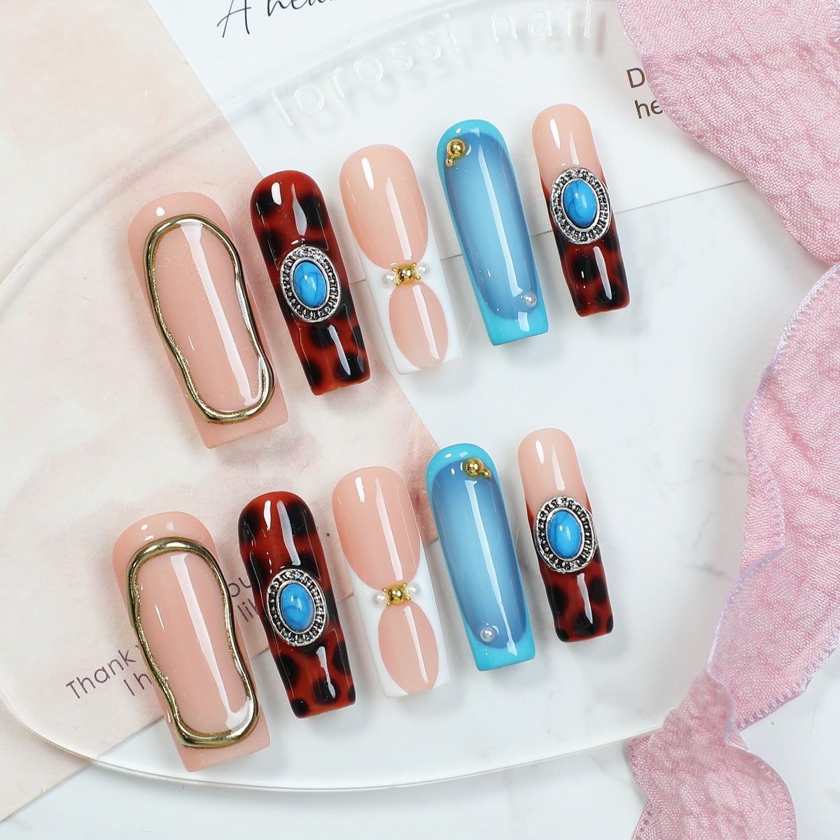 Handmade Boho-Chic Press-on Nails | Turquoise Gemstone & Amber Tortoise Art | Luxury Liquid Gold Frame & Azure Blue Reusable Nails | Southwestern Style