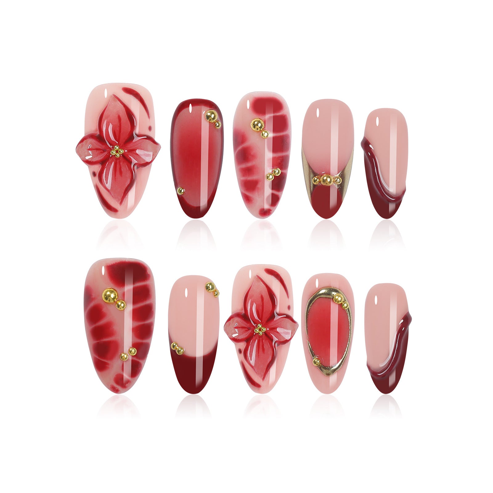 Handmade Gothic Crimson Petal Press-on Nails | 3D Sculptural Blood Red Flower Art | Metallic Gold Rim & Liquid Gradient Luxury Reusable Nails | Dark Romantic Manicure