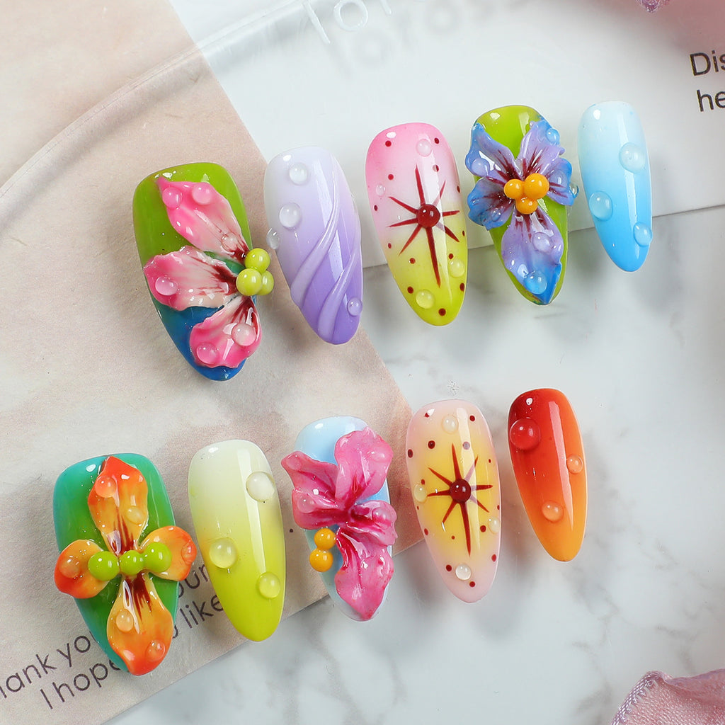 Handmade Almond 3D Floral Press-on Nails | Vibrant Rainbow Gradient & Dewdrop Art | Luxury Avant-Garde Festival Reusable Nails