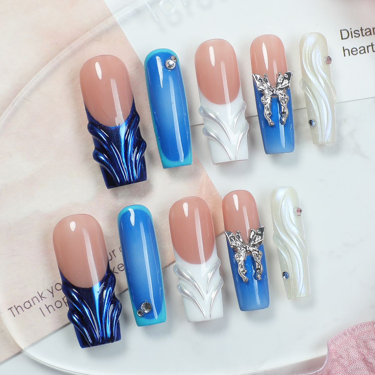 Handmade Electric Blue Cyberpunk Press-on Nails | 3D Silver Metallic Chrome Flow | Luxury Butterfly Wings Reusable Futuristic Nail Art