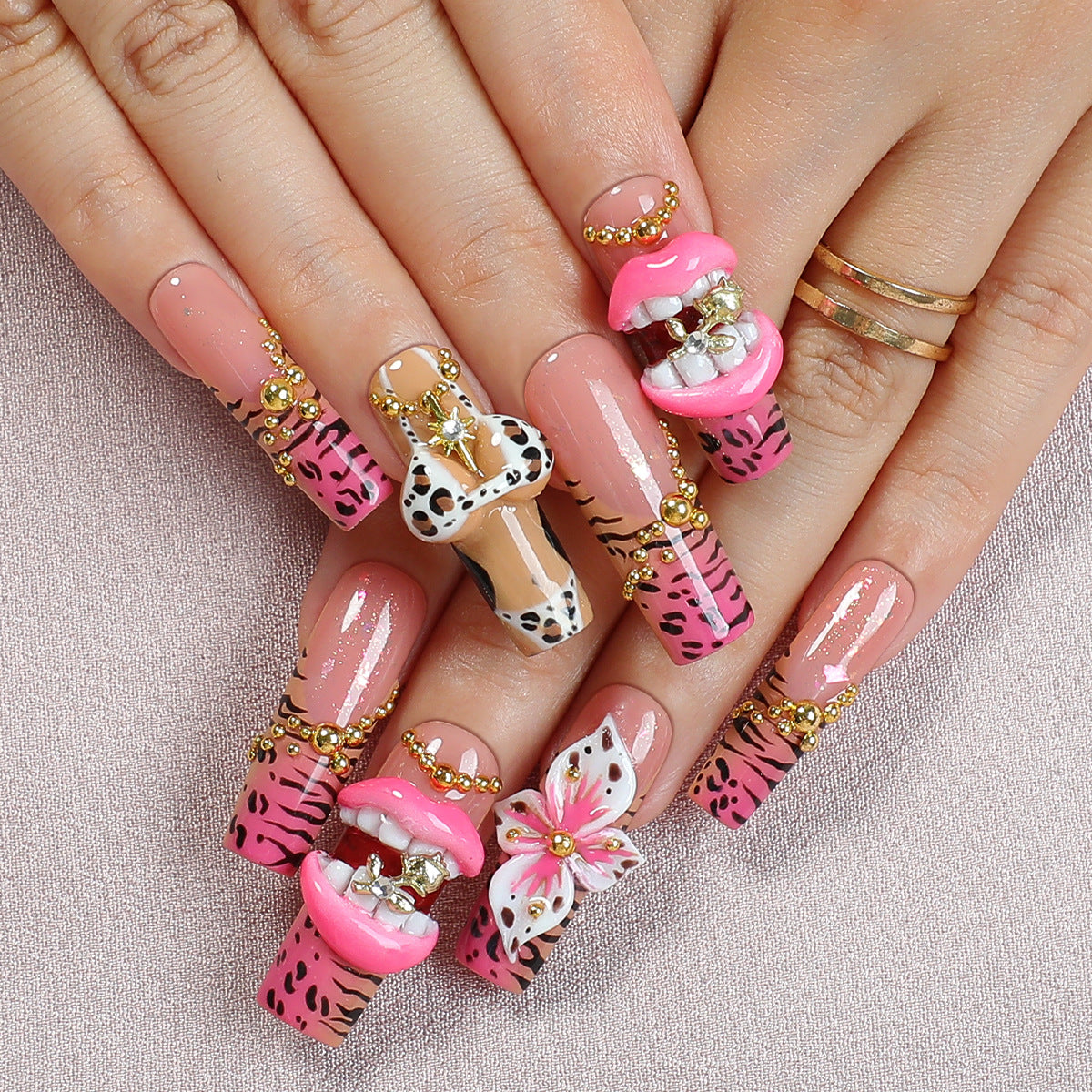 Handmade Y2K Hot Pink Leopard Press-on Nails | 3D Lip & Bikini Charms | Luxury Baddie Aesthetic Long Square Nails