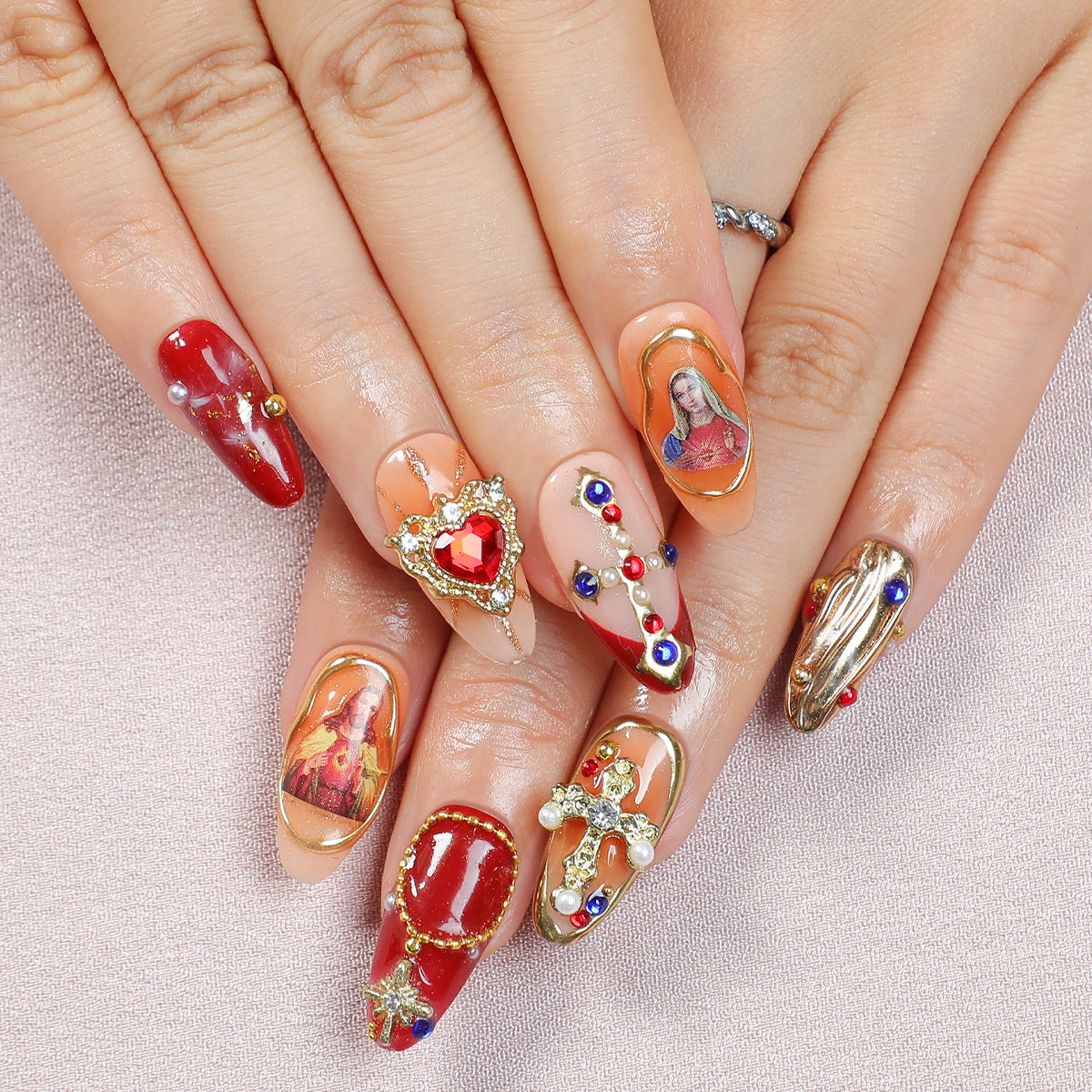 Handmade Baroque Religious Art Press-on Nails | Sacred Heart & Divine Iconography Charms | Gold Filigree & Ruby Red Jewel Design | Luxury Cathedral Aesthetic Nails