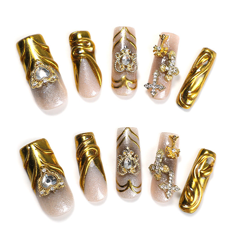 Handmade Luxury Golden Baroque Press-on Nails | Heavy 3D Liquid Gold Embossed Art | Royal Heart Crown & Diamond Cross Reusable Nails | Statement Gala Manicure