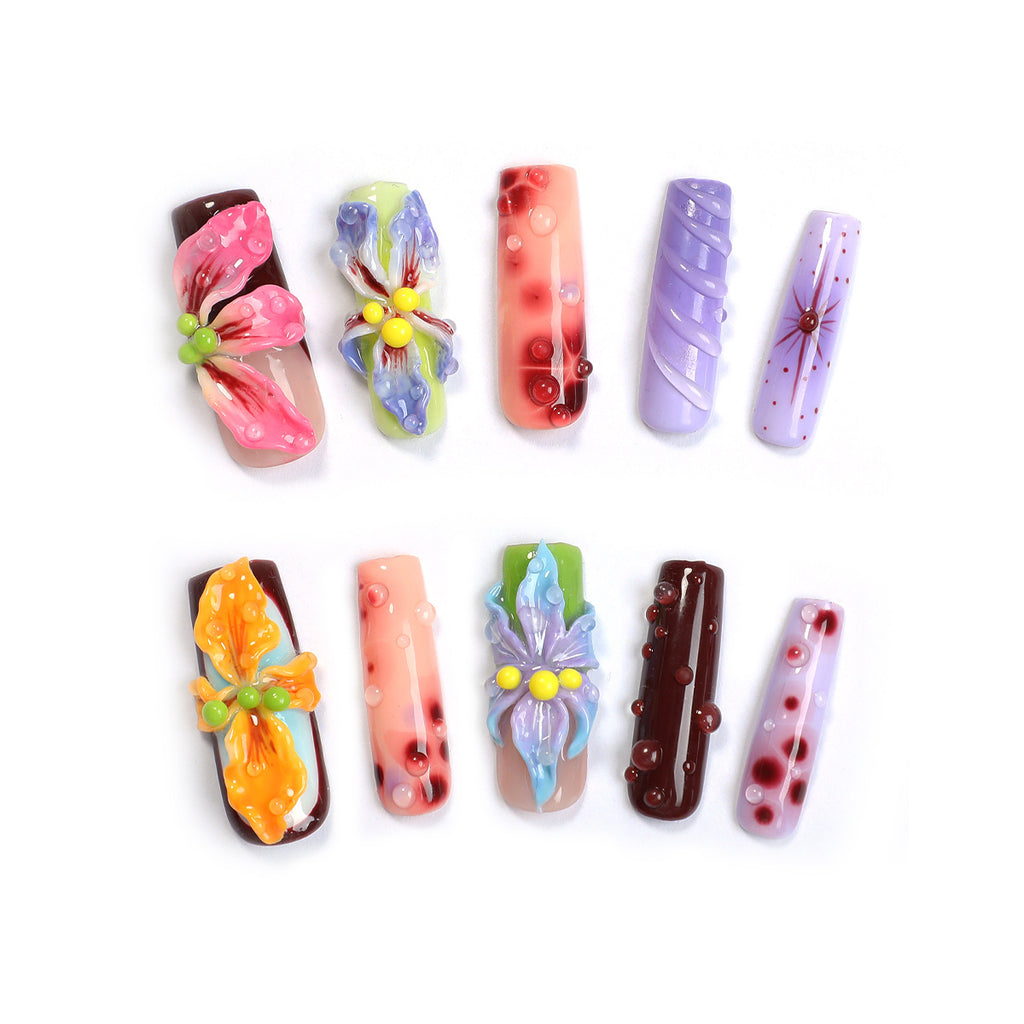 Handmade Avant-Garde 3D Floral Press-on Nails | Tropical Neon Colors & Realistic Water Droplets | Luxury Maximalist Art Reusable Nails