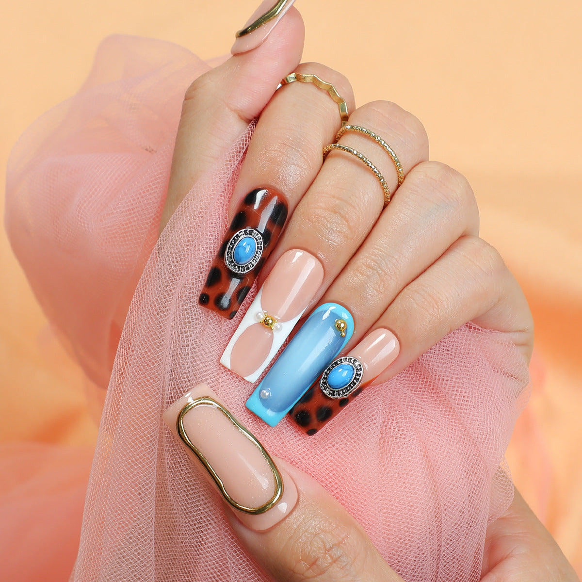 Handmade Boho-Chic Press-on Nails | Turquoise Gemstone & Amber Tortoise Art | Luxury Liquid Gold Frame & Azure Blue Reusable Nails | Southwestern Style