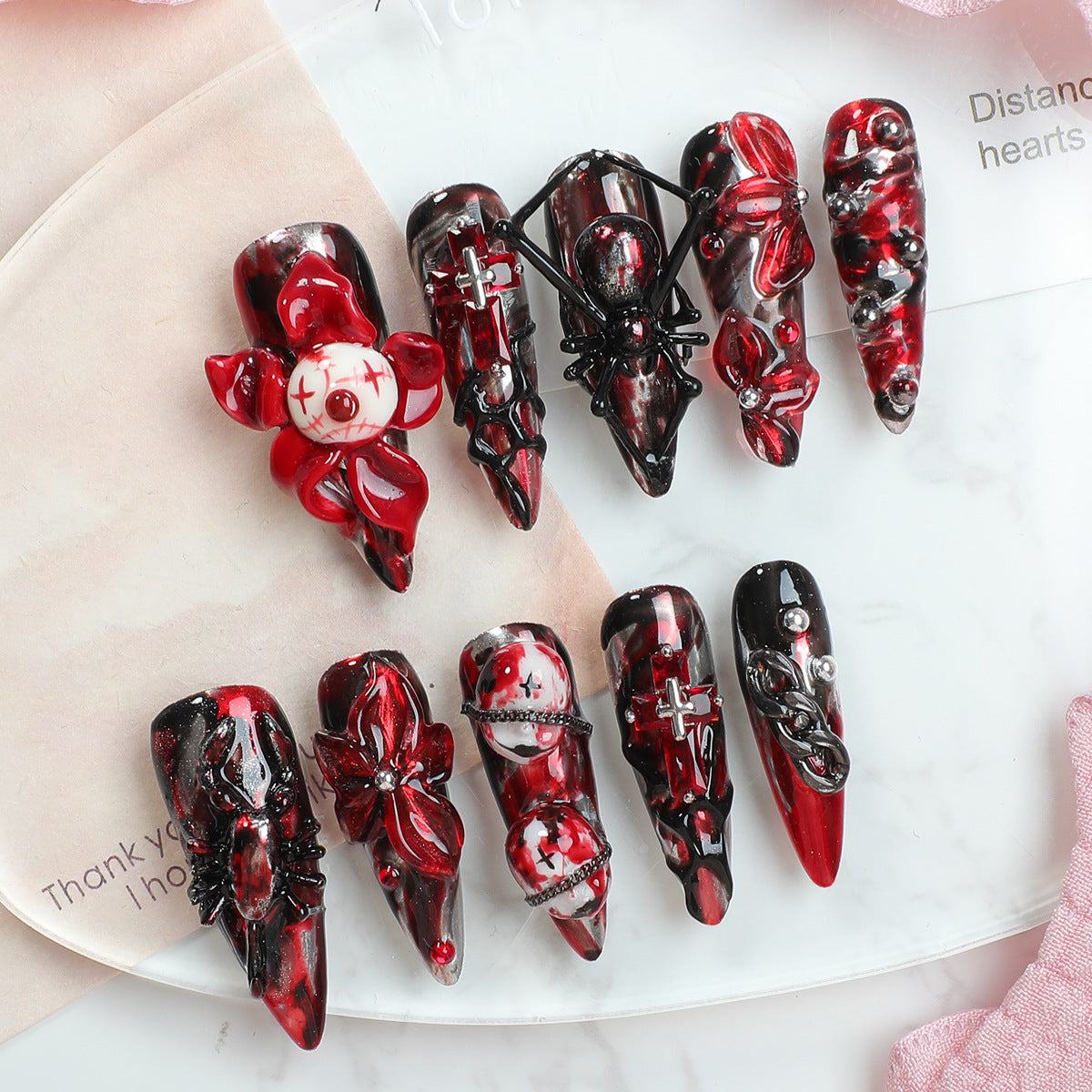Handmade Gothic Horror Press-on Nails | 3D Black Widow Spider & Bloodshot Eyeball Art | Dark Red Marble & Spiky Cross Reusable Luxury Nails