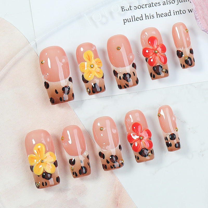 Handmade Square Leopard 3D Floral Press-on Nails | Exotic Safari & Dewdrop Crystal Art | Luxury Bold Tropical Festival Statement Nails