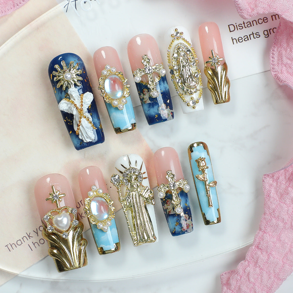Luxury Celestial Baroque Press-on Nails | 3D Cross & Star Gold Charms | Handmade Oil Painting Galaxy & Pearl Royal Nail Art Set