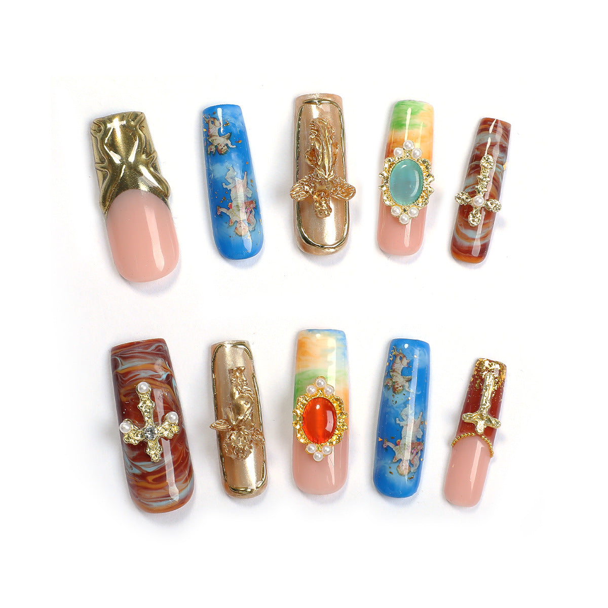 Handmade Renaissance Art Press-on Nails | Cherub Angel Cloud Painting & Rainbow Oil Texture | Luxury Baroque Cross & Gemstone Reusable Nails