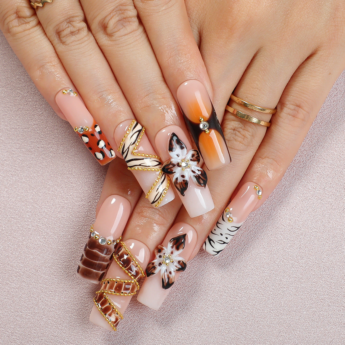 Handmade Chic Safari Press-on Nails | Gold Chain Wrap & Amber Tortoise Art | Luxury Leopard & Zebra Print Design | Reusable Exotic Statement Nails