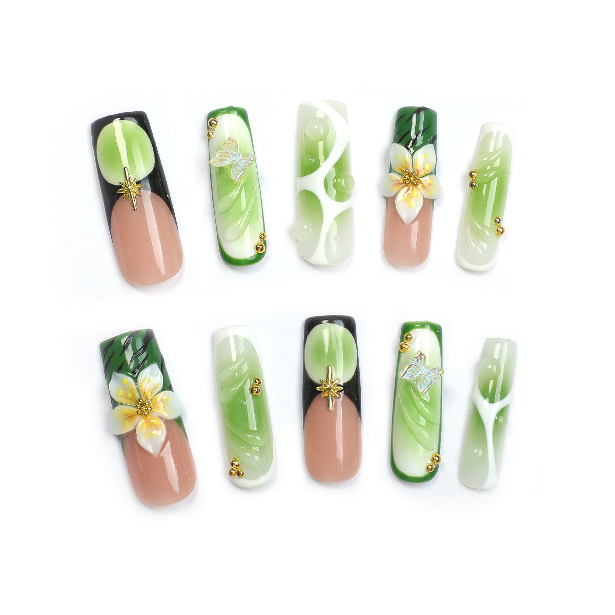 Handmade Emerald Green Jade Press-on Nails | 3D White Floral & Butterfly Art | Oriental Zen Aesthetic Reusable Luxury False Nails