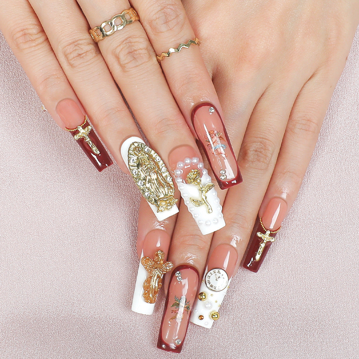 Luxury Handmade Red Baroque Angel Press-on Nails | Gothic Sacred Heart & Gold Cross Design | Victorian Royalcore Reusable Nails