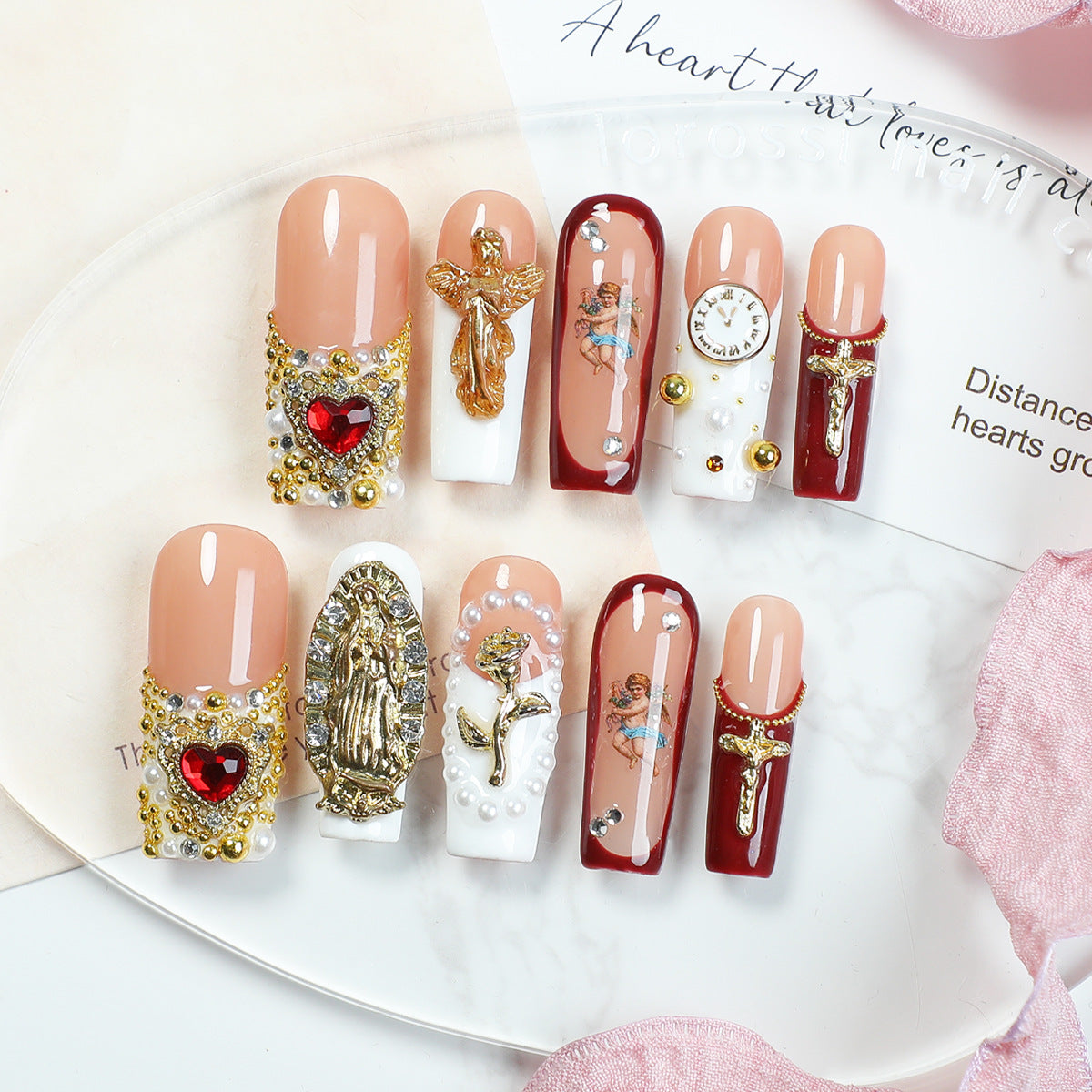 Luxury Handmade Red Baroque Angel Press-on Nails | Gothic Sacred Heart & Gold Cross Design | Victorian Royalcore Reusable Nails